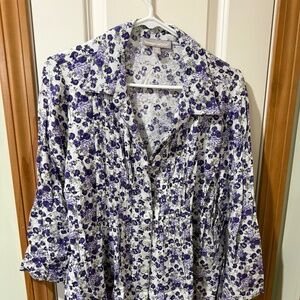Purple and white floral pintucked button down blouse